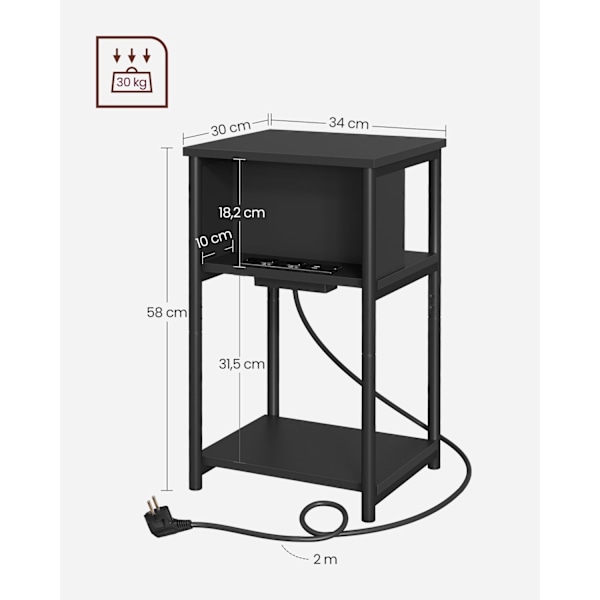 Rootz Supplement Side Table - Accent Table - End Table - USB+AC Connections - Black Chipboard & Steel - 30x34x58cm