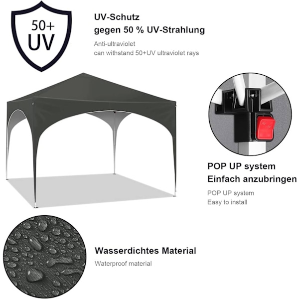 Rootz Gazebo - Pop-Up Canopy - Utomhusskydd - Vattentät, UV-skydd, Enkel installation - Oxford metallram - 3x3m - Grå