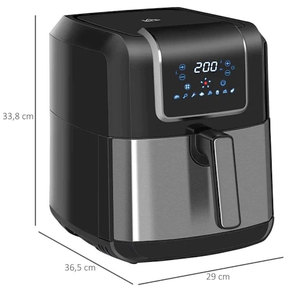Rootz Hot Air Fryer - 1700w med 8 menuer - LED Display - Non-stick belagt kurv til sund oliefri madlavning med lavt fedtindhold - Sort - 36,5 x 29 x 3