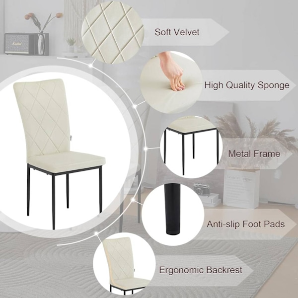 Rootz matsalsstolar Set med 4 - Sammetsstol - Stolar med högt ryggstöd - Metallben - Bekväma, Ergonomiska, Hållbara - Krämfärgade - 42cm x 94,5cm x 59
