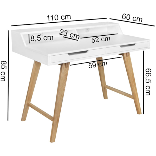 Rootz 110 x 85 x 60 cm MDF træ skandinavisk hvid mat arbejdsbord - Design laptop bord med kabelåbning - Kontorbord med egetræsben