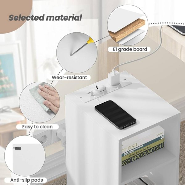 Rootz Sängbord med Power Strip - Litet Nattduksbord - Sovrum Nattbord - E1 Konstruerat trä - 25 x 60 x 30 cm - Vit - Svart - Ljus Ek