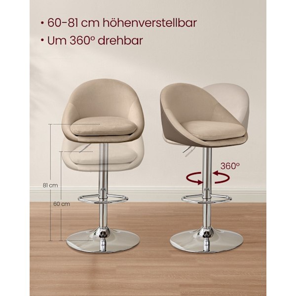 Rootz Set med 2 justerbara barstolar - Sammets PU-läder - Justerbar i höjdled - Camel Brun-Silvergrå - 52,5 cm x 50 cm x (97,5-108,5) cm