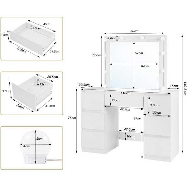 Rootz White Sminkbord - Sminkbord - Sminkbord - Justerbar LED-belysning - Gott om förvaring - Hållbar design - 110 cm x 140,5 cm x 39,5 cm