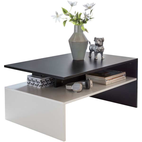 Rootz 90 x 43 x 60 cm med hylde træ sort - hvid - Design stue sofabord todelt med opbevaringsplads - Sofabord moderne sofabord - Loungebord stort og h
