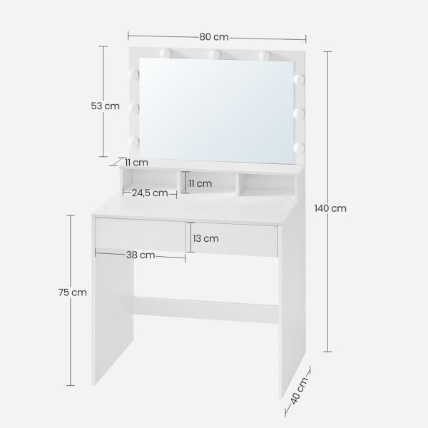 Rootz Sminkbord - Med spegel och glödlampor - Sminkbord - Upplyst spegelbyrå - Sminkbord för kosmetiska - Spånskiva - Melaminbeläggning - Vit - 80 x 4