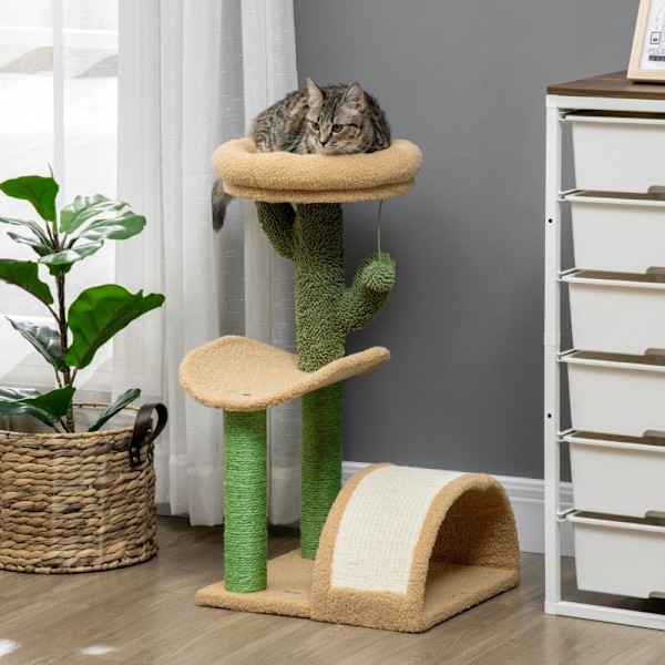 Rootz Cactus Design Cat Tree - Kradsestolpe - Klatrekattetræ - Sisal-indpakket stolper - Spånpladebase - Teddy Velour - 40cm x 35cm x 72cm