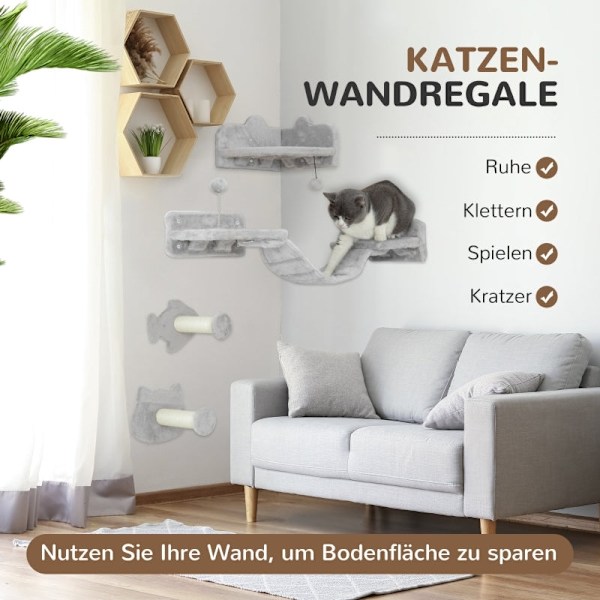 Rootz Cat Klatrevægsæt - Kattetrin - Dobbelt platform - Hjørneplatform - Plysbeklædt spånplade - Pladsbesparende - 90 cm x 26 cm x 12,5 cm