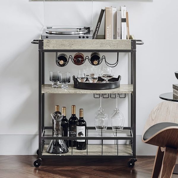 Rootz Modern Design 3 Etagers Køkkenvogn Serveringsvogn med Vinreol Metal & MDF