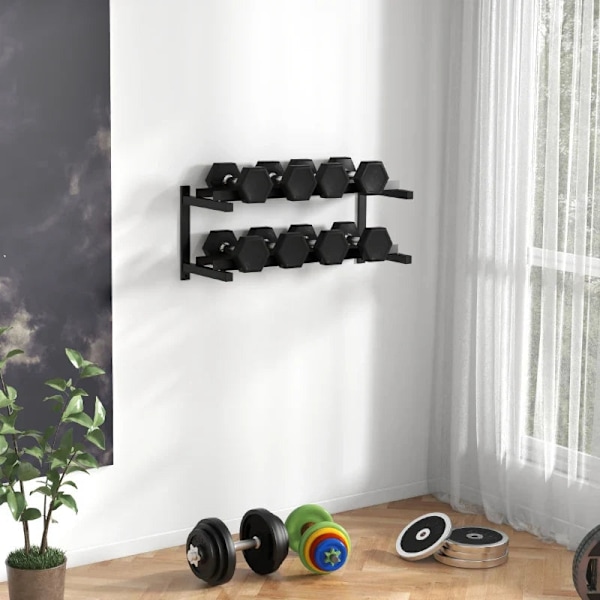 Rootz håndvægtstativ - Håndvægtstativ - 2 niveauer - Kettlebells - Sikker opbevaring - Yogamåtter - Kapacitet 70 Kg - Stålramme - Sort - 98x40x35 cm