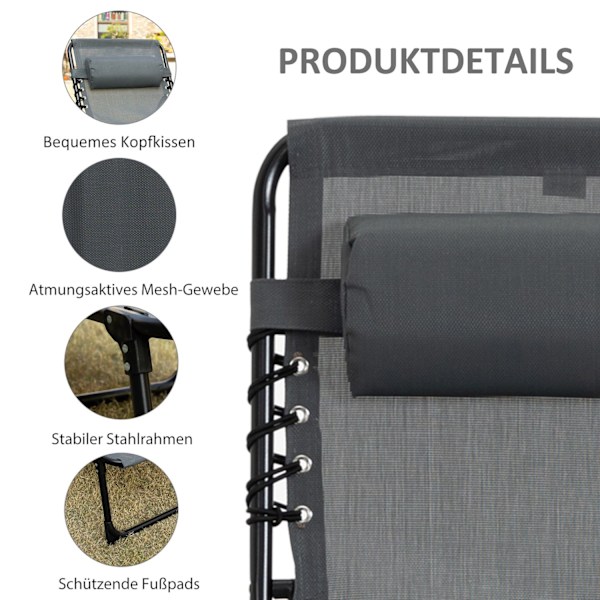 Rootz Doll Chair - Folding Lounger - Outdoor Recliner - Med nackkudde - 185 cm x 58 cm x 30 cm - Stöder 120 kg - stålram, nätskydd, grå