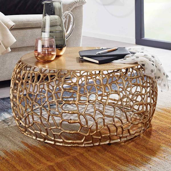 Rootz sofabord metal guld 66x66x30 cm sofabord aluminium rundt - Design stuebord med grenstruktur - Lille sofabord Moderne - Sidebord sidebord stue
