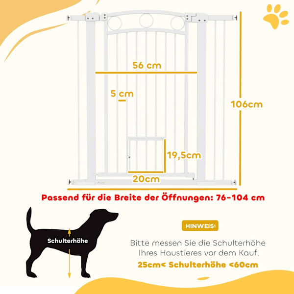 Rootz Justerbar Pet Gate - Stair Gate - Dog Gate - Secure Locking - 76-104W x 106H CM - Inkluderer kattedør