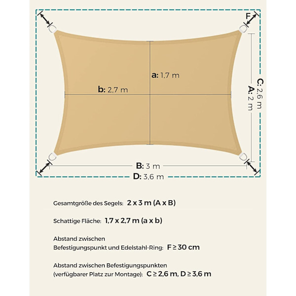 Rootz Sandy Yellow Shade Sail - Solskærm - UV-beskyttelse - Udendørs baldakin - 160 g/m2 polyesterstof - Rustfri stålring - 2m x 3m - Letvægts 1 kg -
