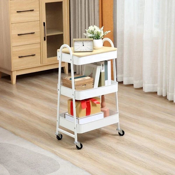 Rootz Köksvagn - Vagn - 3 hyllor Vagn - Med 3 korghyllor - Stål/PP Plast - Vit - 45 x 31 x 79,4 cm