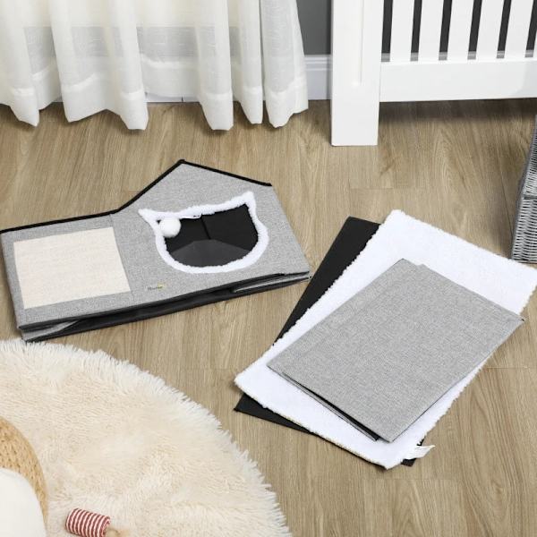 Rootz Katthus med skrapyta - Inklusive lekboll - Cat Cave - Imiterad linne - Brun + Vit + Beige - 65 cm x 41 cm x 45,5 H cm