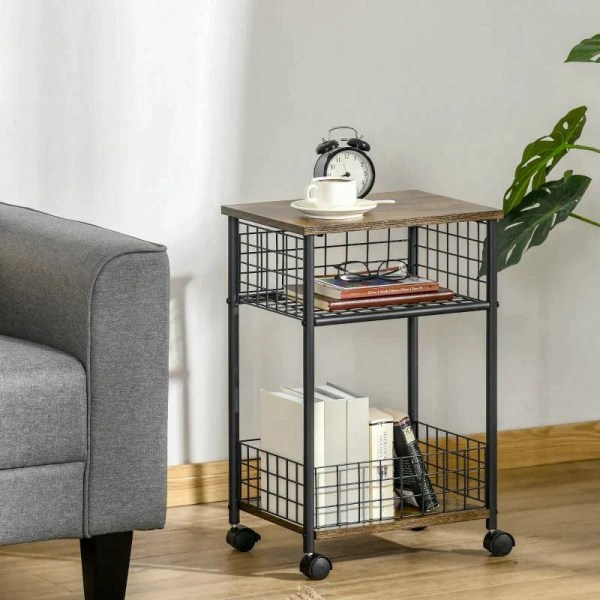 Rootz Køkkenvogn - Serveringsvogn - Industrielt design - 1 hylde 1 opbevaringskurv 4 hjul - spånplade/stål - sort/brun - 40 cm x 30 cm x 62 cm