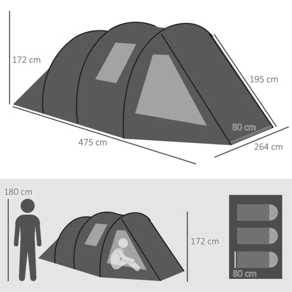 Rootz Campingtält - Väderbeständig - Trekkingstält - 2 rum - Bärbar resväska - UV 30+ Solskydd - Taft 100 % polyester-glasfiber - Svart - 475L x 264W