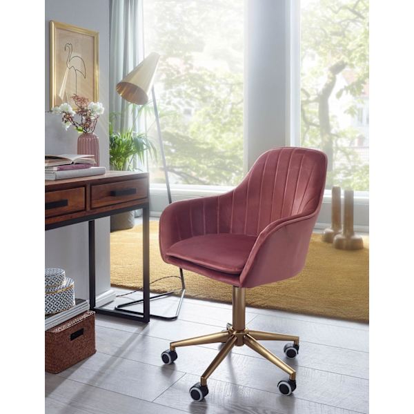 Rootz skrivebordsfløjl pink - Design drejestol med ryglæn - Arbejdsstol 120 kg højdejusterbar - Skalstol med hjul - Drejestol