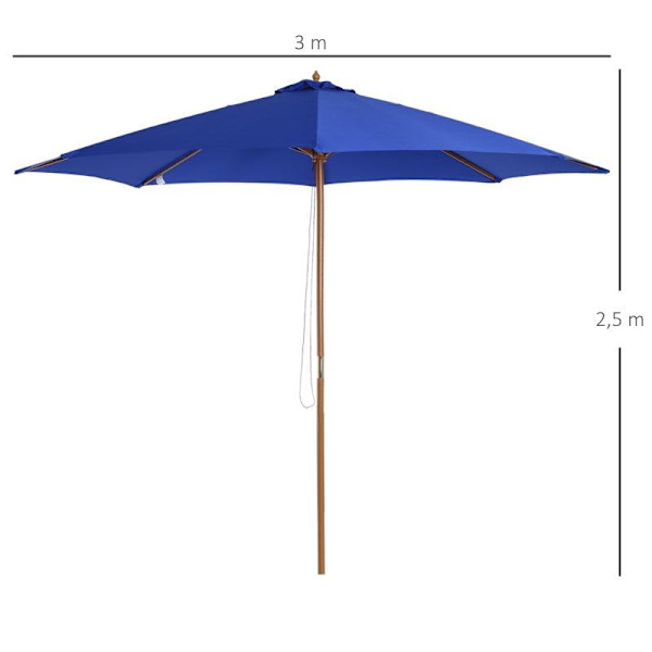 Rootz Wooden Parasol - Garden Parasol - Wooden Garden Parasol - Wooden Balcony Parasol - Parasol - Blue - 3m