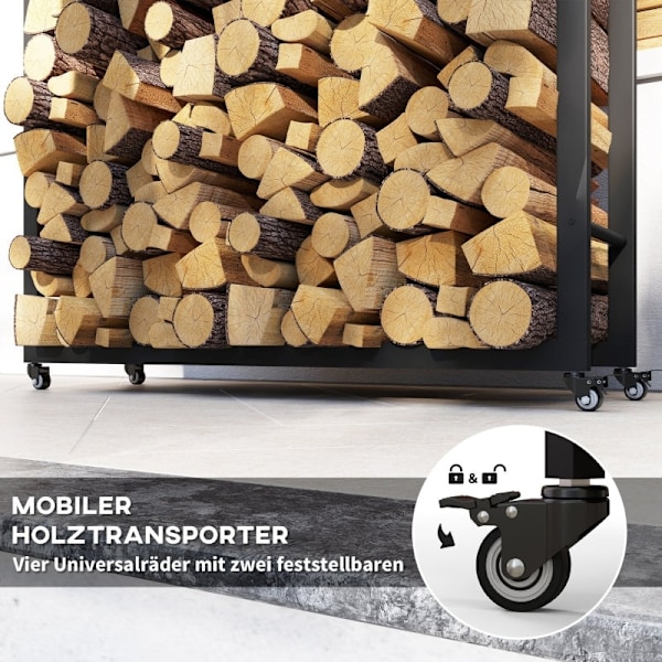 Rootz Brændestativvogn - Træopbevaringsholder - Log Caddy - Metalramme - Mobil - Indendørs Udendørs - 120cm x 32cm x 151cm