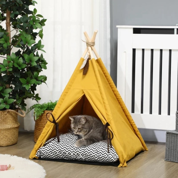 Rootz Pet Bed - Sjovt tipi-design - med blød liggestolspude - Gulvmåtte - til hunde og katte - Gul - 60 x 60 x 76 cm