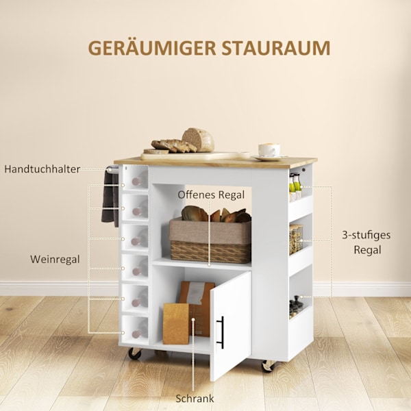 Rootz Kitchen Trolley - Rolling Island - Portable Cart - Wine Racks & Storage - Rubberwood Top - 83L X 40W X 83H CM