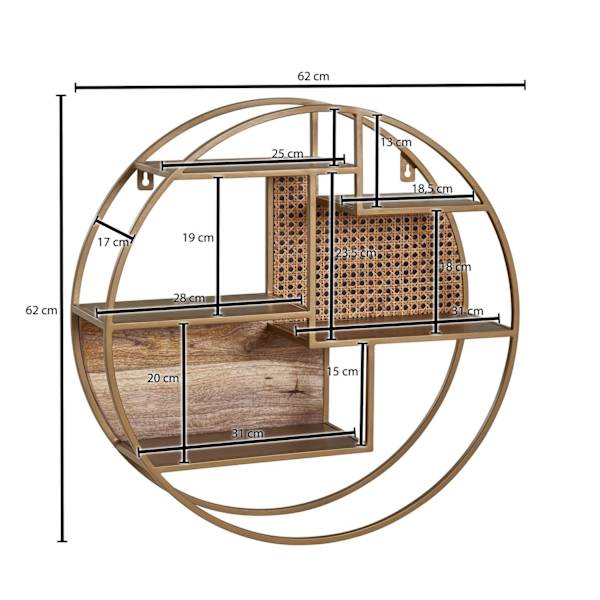 Rootz væghylde rattan 62x62x17 cm hængehylde massivt træ - metal industri - Ophængt hylde rund væg - Hylde Hængende Åben Stue