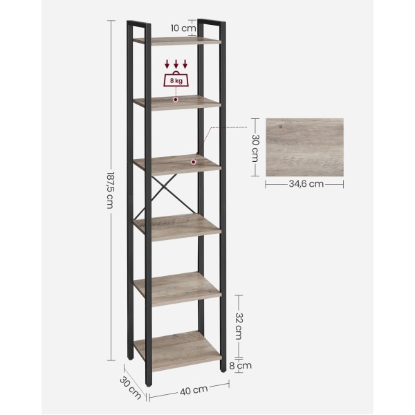 Rootz Bogreol - Opbevaringsstativ - Organizer - Spånplade og stål - Greige Sort - 30 cm x 40 cm x 187,5 cm - Letvægts - Robust - Nem montering