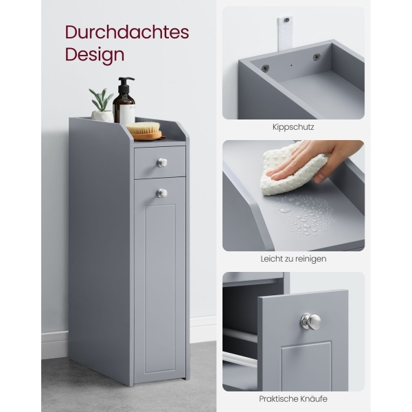 Rootz Dove Grey smalt badeværelsesskab - Opbevaringsskab - Organizer - MDF-materiale - Letvægts - Pladsbesparende - Nem montering - 40cm x 18cm x 70cm