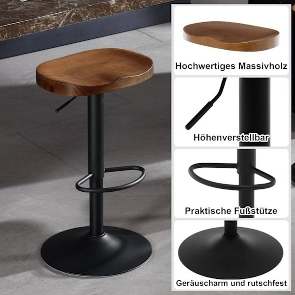 Rootz-puinen baarijakkara - Massiivimäntyinen istuin - Korkeussäädettävä jakkara - Kääntötuoli - Keittiösaaren jakkara - 41,5 cm x (60-81) cm x 31,5 c