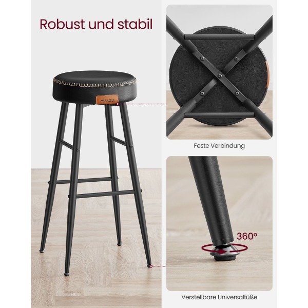 Rootz 2-delads set barstolar - Kökspallar - Sitsar i mothöjd - Stålram - Högelastiskt skum - PU syntetiskt läder - Plywood - 51,6 cm x 51,6 cm x 76,2