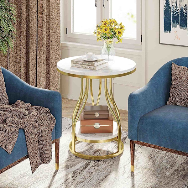 Rootz hvidguld 2-lags rundt sidebord - endebord - natbord - moderne design - 50 cm D x 50 cm B x 59 cm H