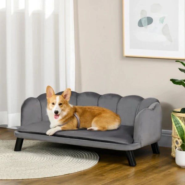 Rootz Hundesofa med ryglæn - Husdyrsofa med træben - Hundeseng - Blødt betræk - Kattesofa - Mørkegrå - 98,5x60,5x35,5 cm