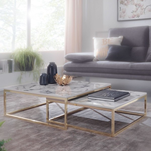 Rootz design sofabord sæt med 2 hvid marmor optik kantet - Sofaborde 2-delt bordstel metal guld - Ædle stueborde - Moderne redeborde
