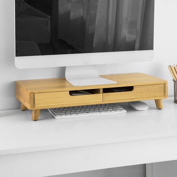 Rootz Bamboo Monitor Riser Stand med 2 skuffer - Skrivebordsorganisering - Tastaturopbevaring - Skridsikre fødder - Ergonomisk design - 56cm x 12cm x