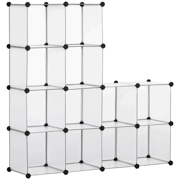 Rootz modulhylde med 16 separate kasser - Egetræshammer - Sorte ABS-stik - Hvid plade - Sort + Hvid - 125L x 32W x 125H cm