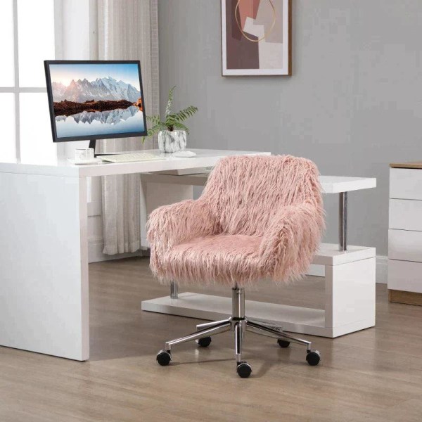 Rootz Kontorsstol - Executive Chair - Snurrstol - Datorstol - Sminkstol - Sitshöjdsjustering - Fuskpälsskum - Rosa/Silver - 57 x 60 x 75-85 cm