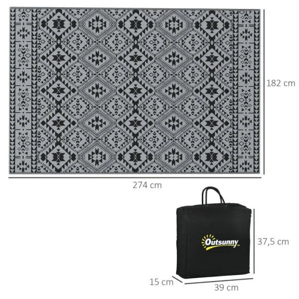 Rootz Vändbar utomhusmatta - Utomhusmatta - Geometrisk matta - Vattentät - Ovävt tyg - Svart + Grå - 182x274cm