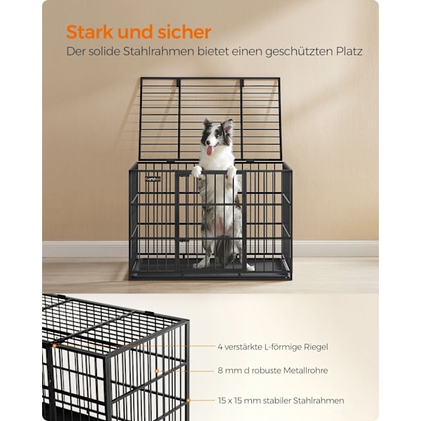 Rootz Steel Hundebur - Kæledyrsbur - Stor Kennel - Heavy-Duty - 107 cm x 70 cm x 75 cm - Blæk sort - 18,8 kg Vægt - Inkluderer bundbakke