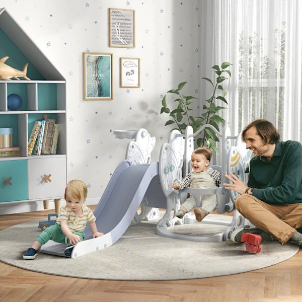 Rootz 3-i-1 set rutschkana för barn med gunga - Lekplats - Aktivitetscenter för småbarn - Säkert och hållbart - Enkel montering - Raketdesign - 150 cm
