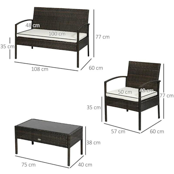 Rootz Poly Rattan Havemøbelsæt - 4-delt Rottesofasæt - Siddegruppe - Siddesæt til pause - Lounge tebord med sofa - Siddepude - Stål - Brun + Cremehvid