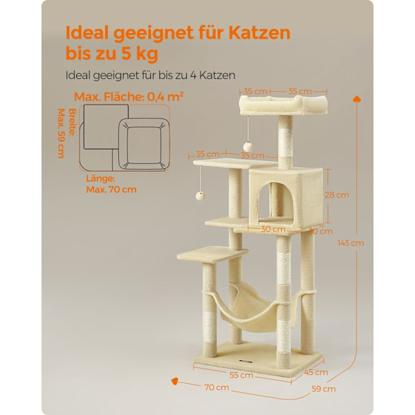 Rootz Cat Scratching Stolpe - Cat Tree - Cat Condo - Spånskiva - Plysch - Sisal Scratcher - 55cm x 45cm x 143cm - Beige - 13kg - 40kg Kapacitet