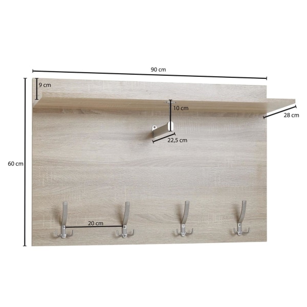 Rootz væg knagerække Sonoma eg 80x60x29,5 cm design hall knagerække træ - Krogestang vægpanel med hylde og bøjlestang - garderobevæg - Gang knagerække