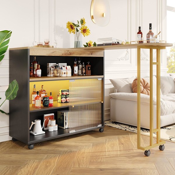 Rootz Extendable Bar Table - Siirrettävä moderni baaripöytä - Teleskooppinen palkkipöytä LED - säilytystila - 138-204 × 39 × 105 cm