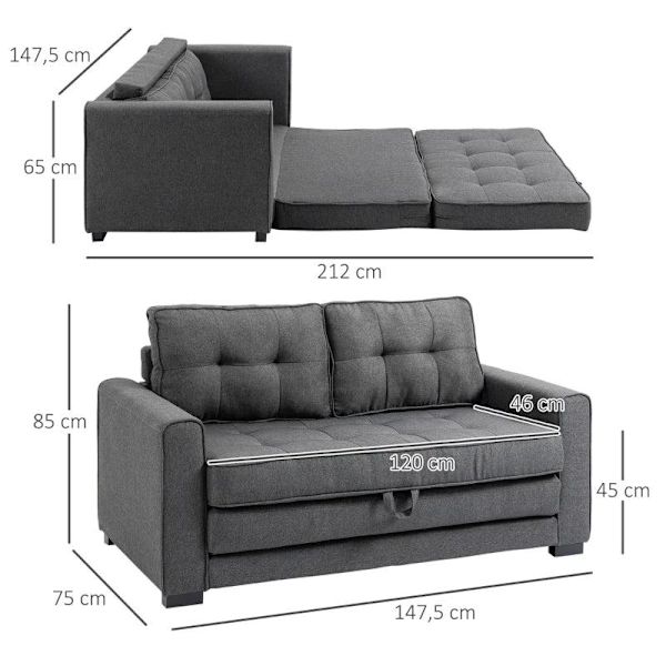 Rootz Sovesofa - Foldesofa - 2-personers stofsovesofa - Sofa - Sofa - Med sovefunktion - Sofasæt - Grå - 147,5 x 75 x 85 cm