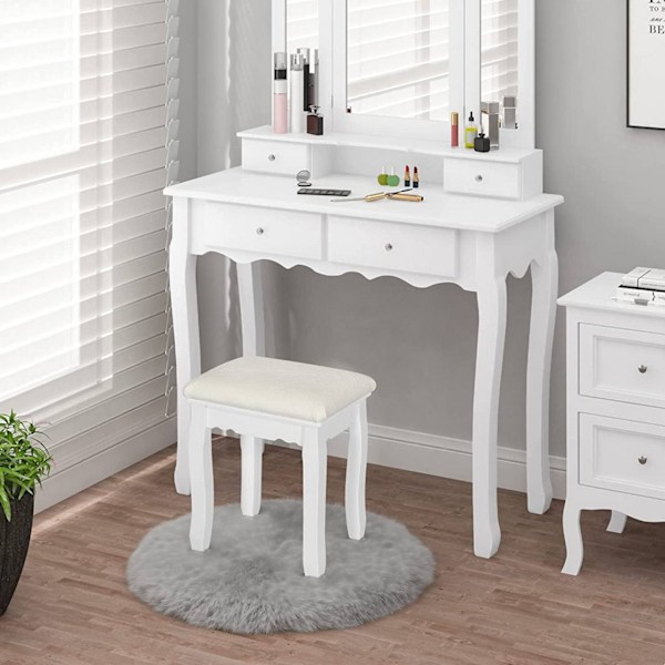 Rootz Elegant White Makeup Taburet - Forfængelighedssæde - Omklædningsstol - Komfortabelt fløjlsbetræk - Alsidig brug - Holdbar konstruktion - 38cm x