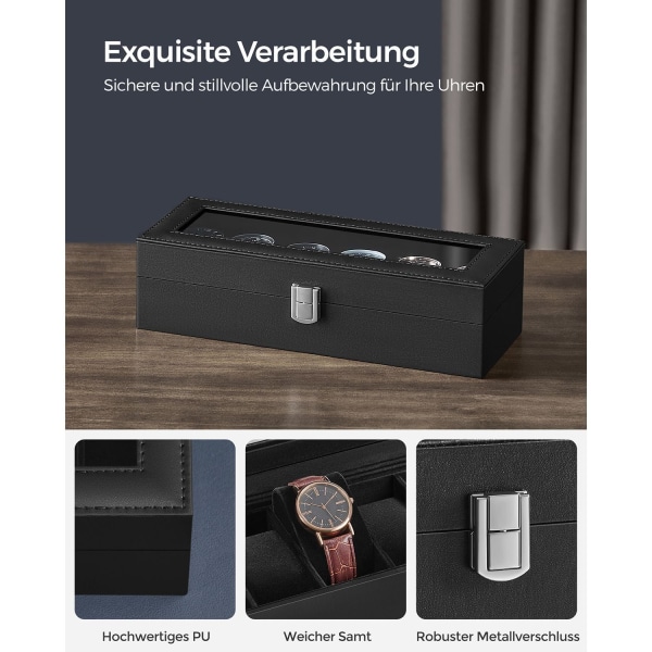 Rootz Watch Box Organizer - Smyckesförvaringsfodral - Vitrinsfodral - MDF-konstruktion - Sammetsfoder - PU-överdrag - Glaslock - 11,2 cm x 30 cm x 8 c