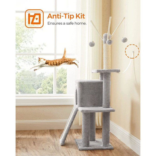 Rootz skrapstolpe - skrapstolpe med 3 plyschbollar - kattskrapstolpe - kattträdskrapstolpe - golvstående skrapstolpe - katthus - ljusgrå - 42 x 32 x 1