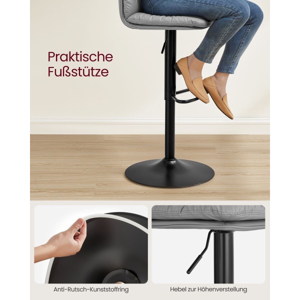 Rootz Grey 2-delt sæt barstole - Bordskamler - Køkkenø-sæder - PU-materiale - Metalramme - Skumpolstring - Justerbar højde - Kompakt design - Ergonomi